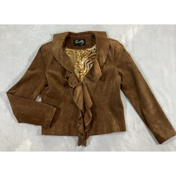 Vintage Scully Brown Leather Jacket Size Large Ruffles Satin Lined Boho Western - Picture 2 of 16